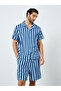 Navy Blue Striped Short Sleeve Shirt and Shorts Set - 2