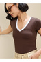 Women Brown Contrast Deep V Neck Fitted Crop T-Shirt