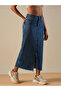 Mid-Rise Front Slit Fringed Hem Midi Denim Skirt - 2