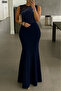 Tiana Women's Shoulder Multi Strap Front Stone Embroidered Fish Cut Janjan Crepe Maxi Size Dress