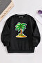 Children's Black Crew Neck Palm Printed, Winter Thick Raised Fabric
