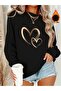 Women's Design Heart Printed Crew Neck Black Sweatshirt Oversize Casual