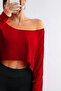 Red Women's Off Shoulder Boat Neck Oversize Long Sleeve Crop T-Shirt - 3
