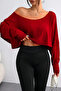 Red Women's Off Shoulder Boat Neck Oversize Long Sleeve Crop T-Shirt - 2