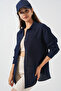 Women's Single Pocket Oversize Muslin Shirt 20353 - Navy Blue - 5