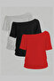 Black Gray Red 3 Pack Women's Off Shoulder Boat Neck Oversize T-Shirt - 2