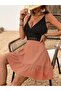 Women's Rope Strap Double Breasted Collar Waist Lace Imported Crepe Dress