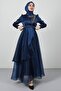 Stoned Organza Evening Dress Navy Blue - 3
