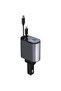120W 4-in-1 car charger with LED display, dual USB ports, Type-C & Lightning cables, PD support.