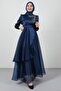 Stoned Organza Evening Dress Navy Blue