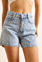 Women's Square Blue Laser Tumbled Detailed Denim Shorts Shrt-19000076 - 7