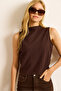 Women's Brown Salsa Stand Collar Textured Crop Blouse Blz-19003078