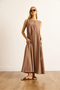 Women's Camel Pocket Stitching Detailed Maxi Crinkle Dress Elb-19002525 - 2