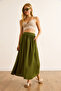 Women's Khaki Pocketed Flowy Long Ayrobin Skirt Etk-19000345 - 3