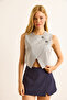 Women's Gray Lined Button Detailed Double Breasted Crop Vest Ylk-19000083 - 4