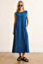 Women's Blue Pocket Stitching Detailed Maxi Crinkle Dress Elb-19002525