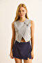 Women's Gray Lined Button Detailed Double Breasted Crop Vest Ylk-19000083 - 3
