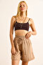 Women's Camel Elastic Waist Pocket Linen Shorts Shrt-19000078
