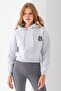 Women's Hooded Teddy Bear Embroidered 3-Strand Crop Sweatshirt Gray - 2668 - 6