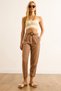 Women's Camel Double Leg Belted Linen Carrot Trousers Pnt-19000359