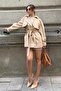 Beige Buttoned Double Breasted Collar Short Women's Trench Coat Mg2509 - 5