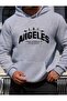 Los Angeles Shock Printed Hooded Pocket Cotton Gray Sweatshirt