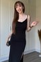 Sandy Fabric Degaje Collar Black Long Dress