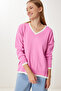 Women's Pink V-Neck Oversize Knitwear Sweater BV00081 - 3