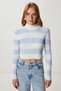 Women's Ecru Blue Striped Crop Ribbed Knitwear Sweater Ki̇00158 - 4