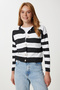 Women's Black White Stylish Buttoned Striped Knitwear Cardigan Ub00476 - 2