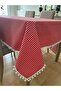 Red and White Piti Checked - Liquid Resistant Pompom Tablecloth