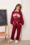 Bordo Pamuklu Slogan Baskılı Kız Çocuk Örme Sweatshirt ve Eşofman Alt-Üst Takım TKDAW25AU00038