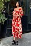 Red Viscose Belted Long Dress with Shoulder Detail - 4