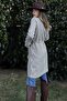 Women's Brown & Ecru Striped, Straw Rope Belt, Two Pockets, Long Linen Jacket - 4