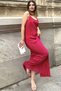 Women's Fuchsia Thin Strap, V-Neck, Slit Detail, Long Pleated Dress - 2