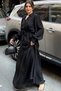 Women's Black Textured Fabric, Belted Waist, Balloon Sleeve, A-Line, Vintage Maxi Dress - Suitable for Modest Wear - 3