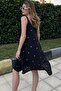 Women's Black A-Line, Leather Strap and Flower Embroidery Detail, Chiffon Fabric, Midi Kiloş Dress - 5