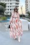 Women's Red & Beige Long Balloon Sleeve, Round Neck, Belted Waist, A-Line, Maxi Dress - 8