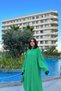 Women's Grass Green Bat Sleeve, Back Pleated, Double Pocket, Long Oversize Loose Shirt Dress - 3