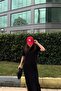 Women's Black Polo Collar, Short Sleeve, Slit, Basic Model, Long Loose Dress - 5