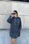 Women's Anthracite Long Sleeve, Lace-up Collar, Hooded, Kangaroo Pocket, Loose, Long Tunic Sweatshirt - 3
