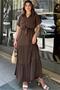 Coffee Short Sleeve, Airobin Fabric, Half Placket, Belt/Sash, Skirt Pleated, Pocket Maxi Long Dress