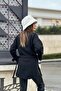 Women's Black Double Breasted Collar, Side Tie Detail, Slit Stamp Jacket - 5