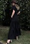 Black Short Sleeve, Airobin Fabric, Half Placket, Belt/Sash, Skirt Pleated, Pocket Maxi Long Dress - 2
