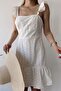 Women's White Thin Strap, Square Neckline, Lace/Guipure Pattern, A-Line Mold/Cut, Midi Fishtail Dress - 5