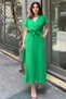 Green Double Breasted Collar, Slit, Belted Waist, Sweatproof, Cotton, Imported Muslin Fabric, Long Dress - 2