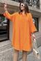 Women's Orange Folded Half Sleeve, Oval Cut Skirt, Midi Length, Loose Linen Shirt Dress - 2