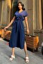 Navy Blue Double Breasted Slit Cotton Long Dress