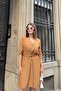 Camel Long Sleeve, Deep Shirt Collar Tie Waist Pocket Button Front, A-line Loose Dress - 2