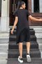 Women's Black Round Neck, Short Sleeve, Knee Length, Flowy A-Line, Loose Casual Dress - 3